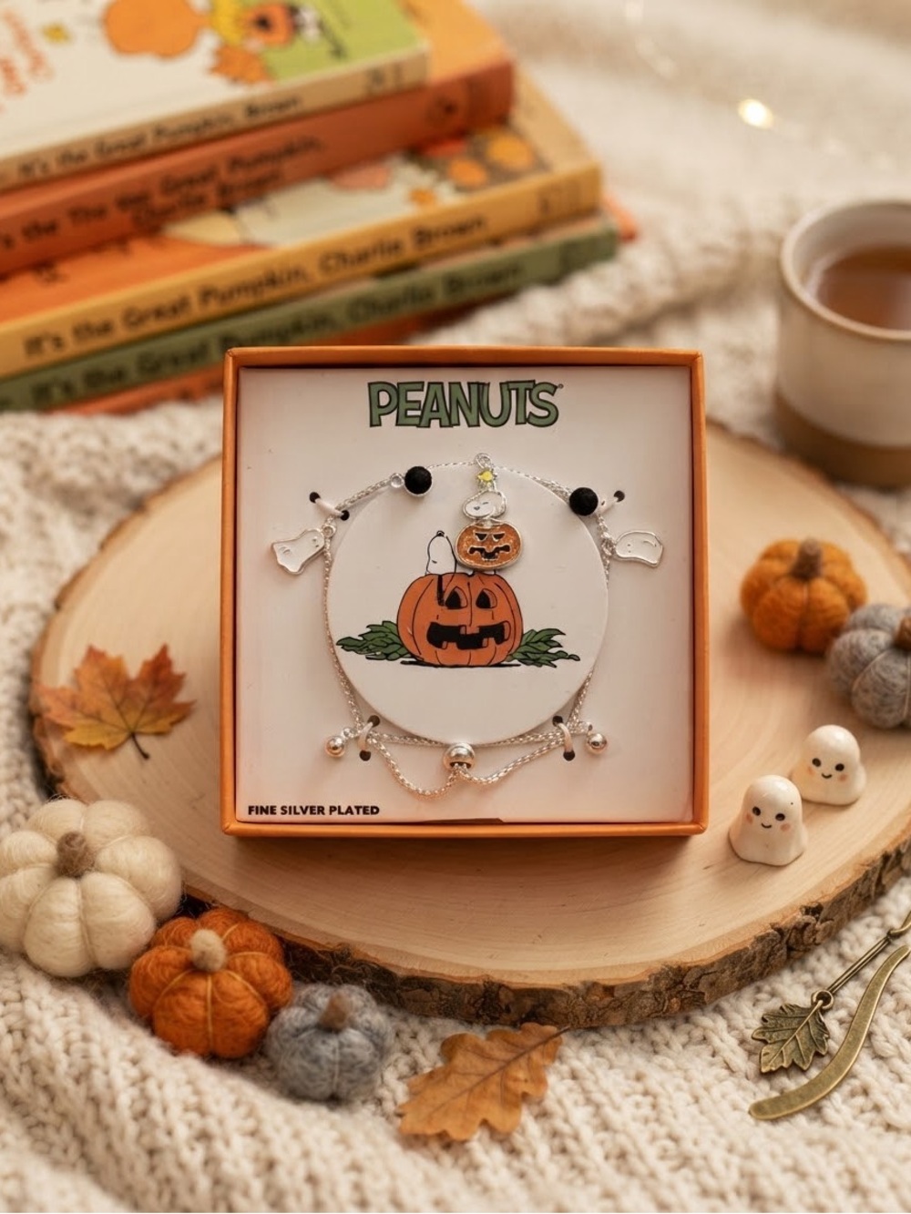 PEANUTS Silver-Plated Orange Pumpkin Charm Bracelet Snoopy Halloween